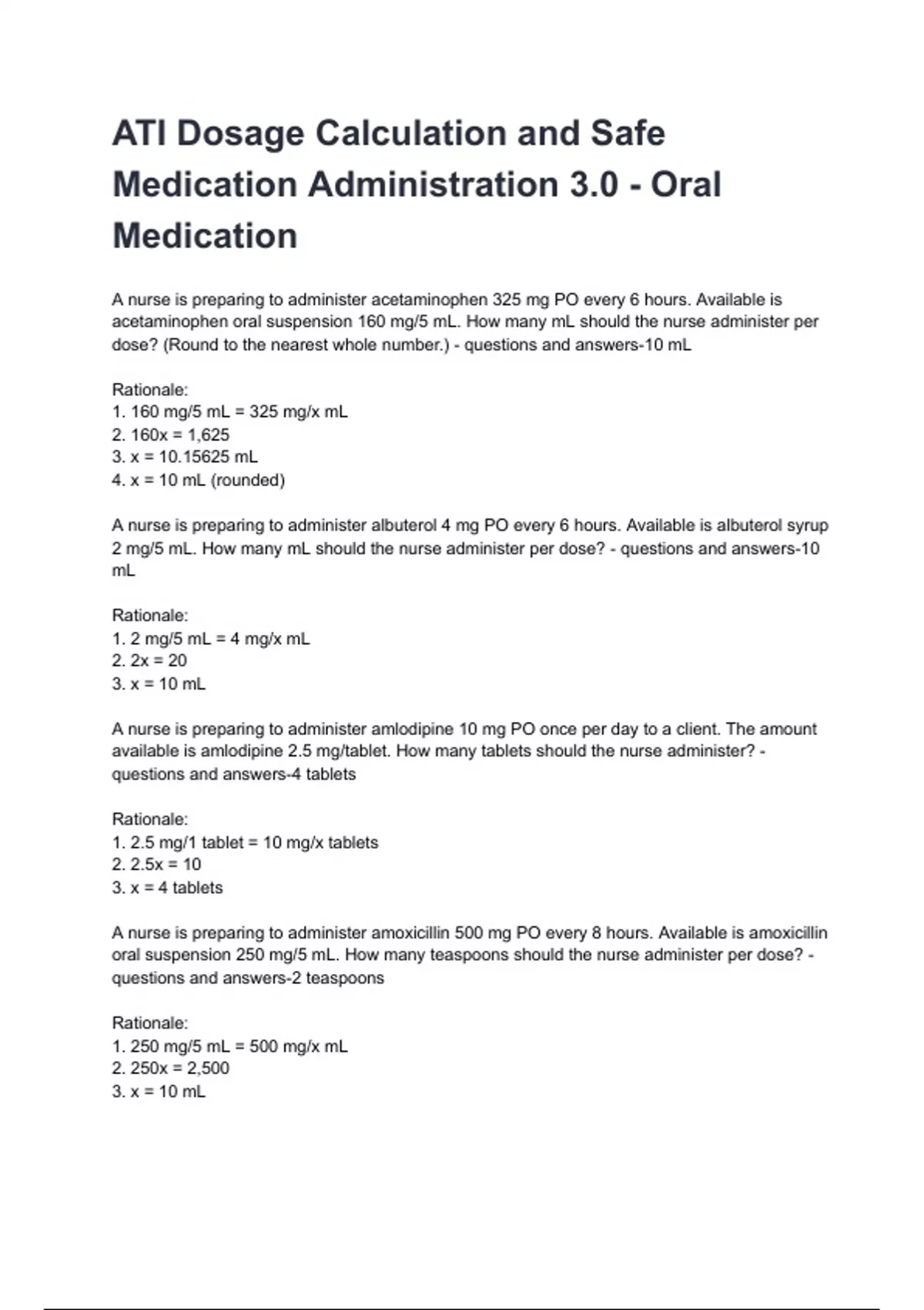 ATI Dosage Calculation and Safe Medication Administration 3.0 - Oral ...