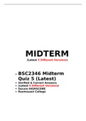  BSC 2346 Midterm Quiz 5 (Latest) (5 Versions), BSC 2346  Human anatomy and physiology •	Verified & Correct Answers •	(Latest Versions) •	Secure HIGHSCORE •	Rasmussen College