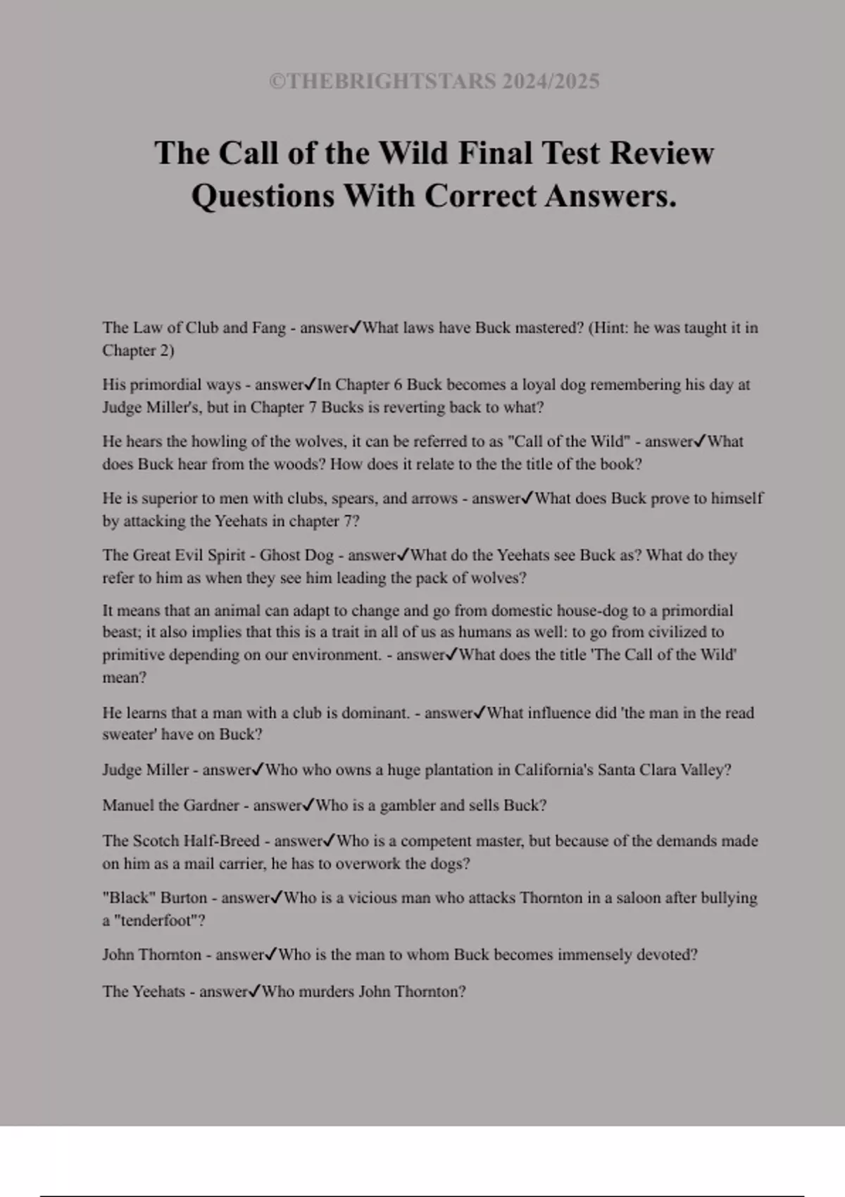 The Call of the Wild Final Test Review Questions With Correct Answers ...