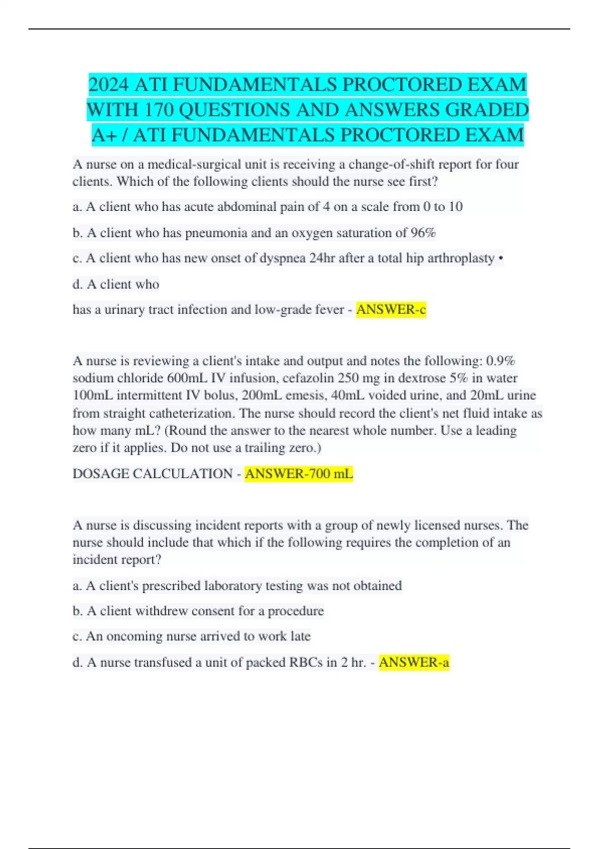 2024 ATI FUNDAMENTALS PROCTORED EXAM WITH 170 QUESTIONS AND ANSWERS ...