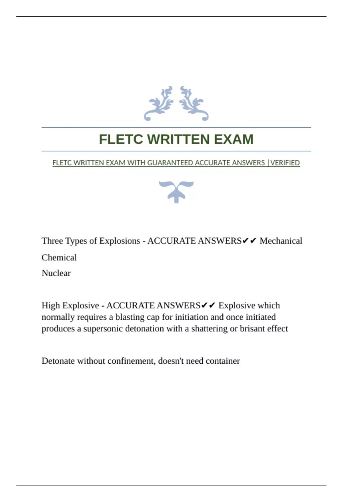 FLETC WRITTEN EXAM WITH GUARANTEED ACCURATE ANSWERS |VERIFIED - FLETC ...