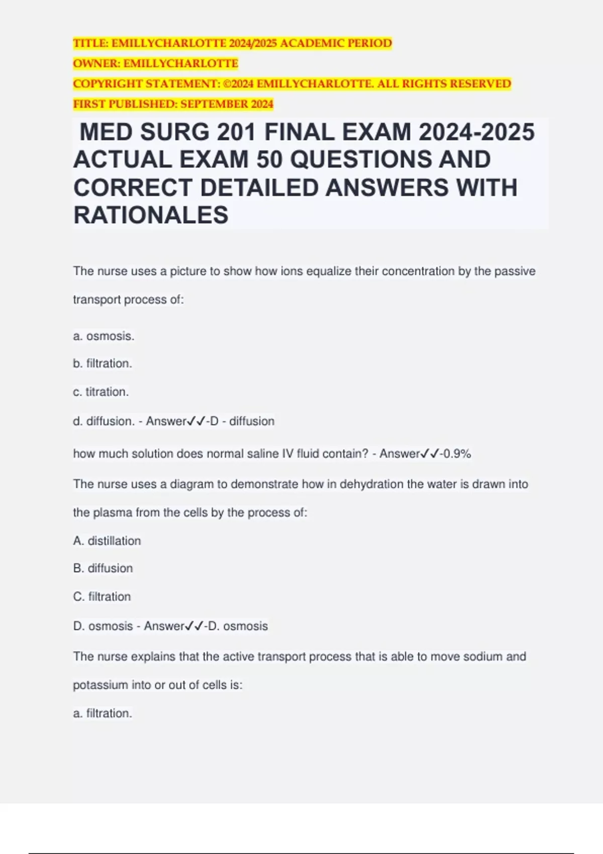 MED SURG 201 FINAL EXAM ACTUAL EXAM 50 QUESTIONS AND CORRECT DETAILED ...