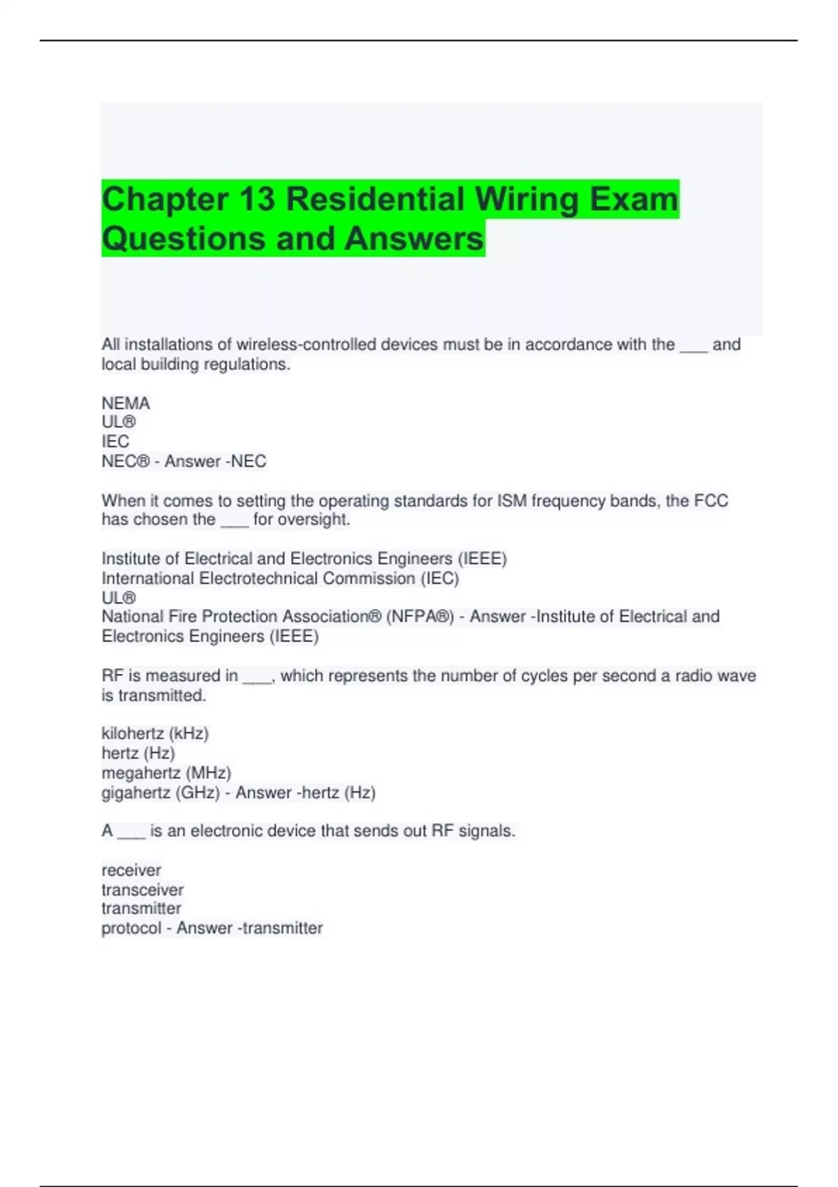 Chapter 13 Residential Wiring Exam Questions and Answers - Residential ...