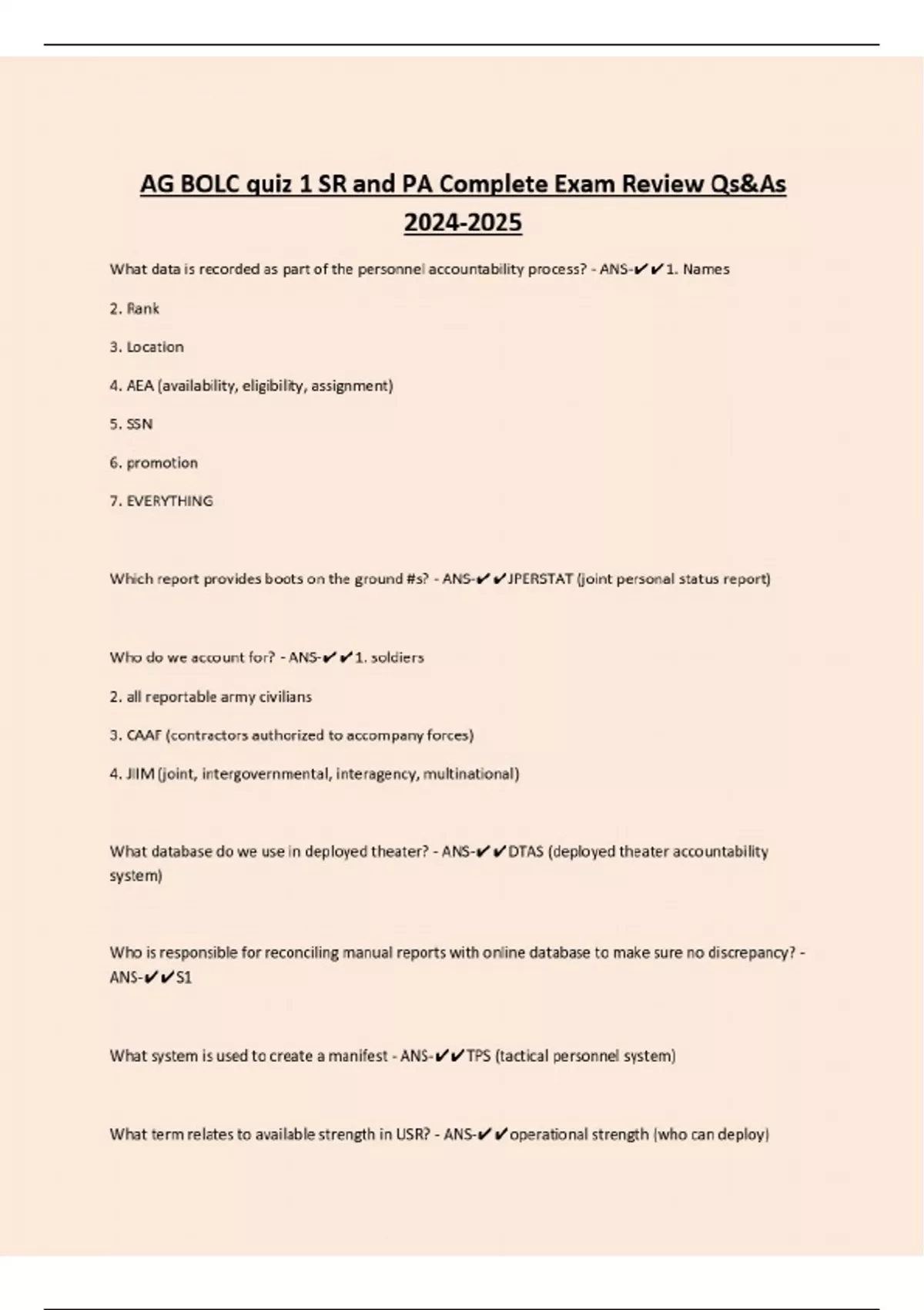 AG BOLC quiz 1 SR and PA Complete Exam Review Qs&As - AG BOLC - Stuvia US