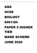 AQA GCSE BIOLOGY 8461-2H Paper 2 Higher Tier Mark scheme June 2020