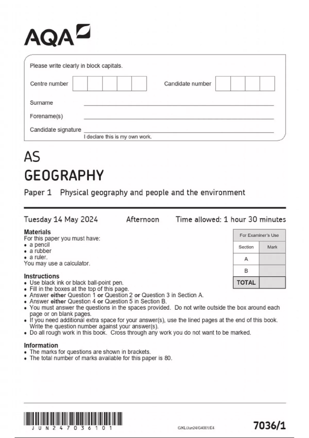 AQA A-level GEOGRAPHY/AQA AS GEOGRAPHY Paper 1&2QP And Marking Scheme ...