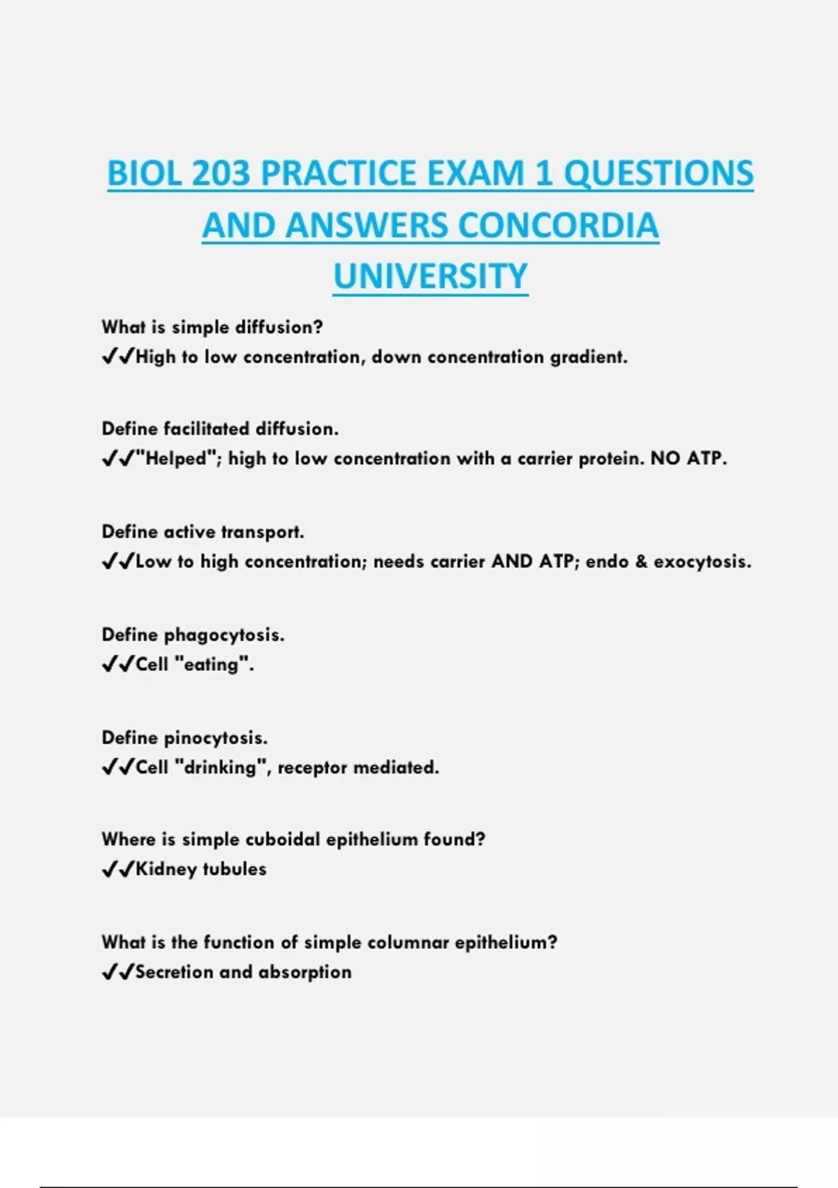 BIOL 203 PRACTICE EXAM 1 QUESTIONS AND ANSWERS CONCORDIA UNIVERSITY ...
