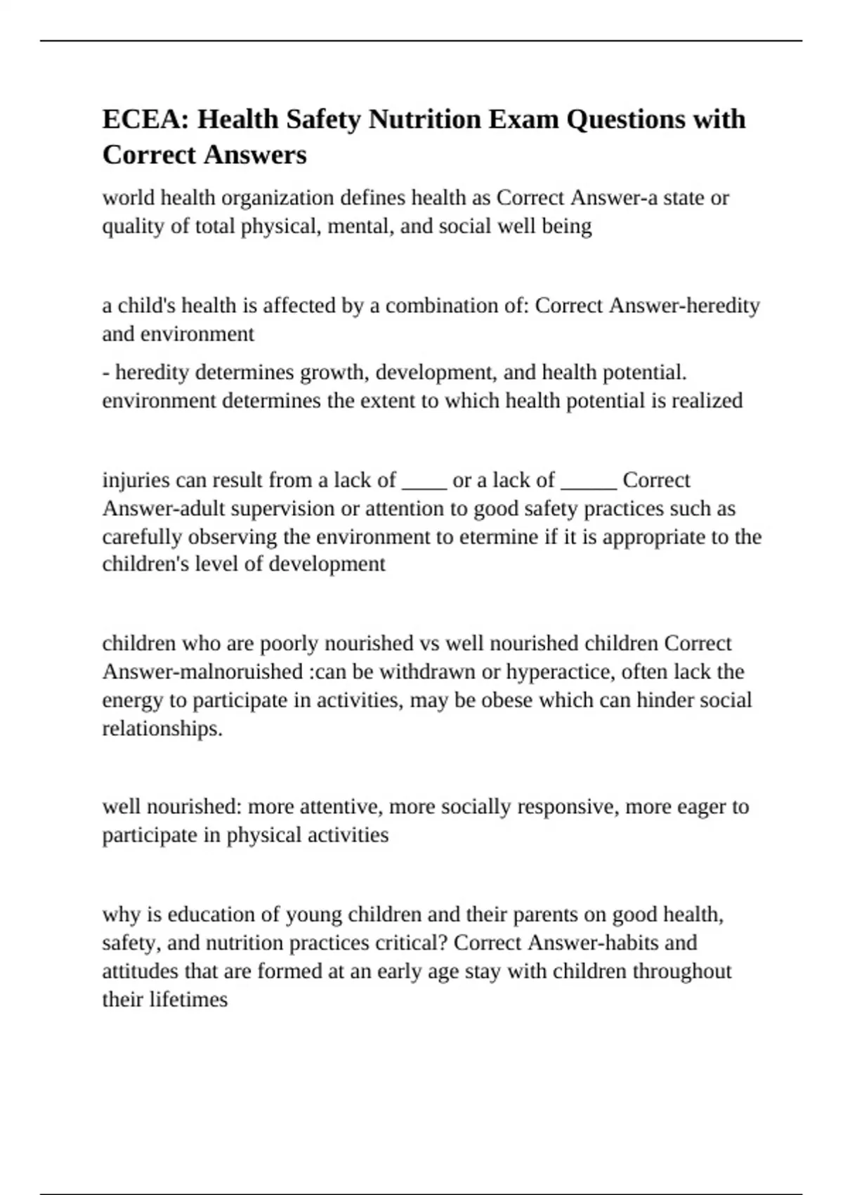 ECEA: Health Safety Nutrition Exam Questions with Correct Answers ...
