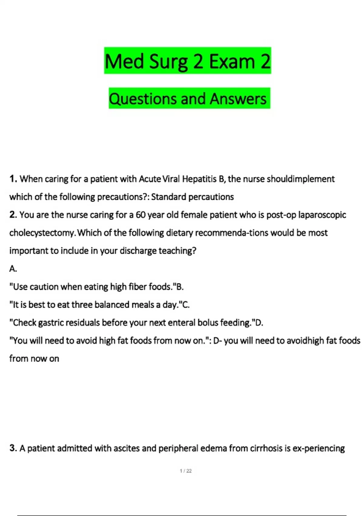 Med Surg 2 Exam 2 Questions and Answer Questions and Verified Answers ...