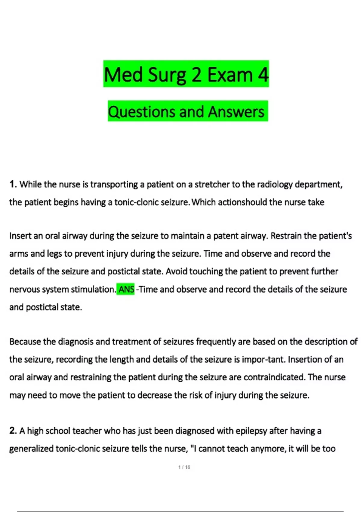 Med Surg 2 Exam 4 Questions and Answers Questions and Verified Answers ...