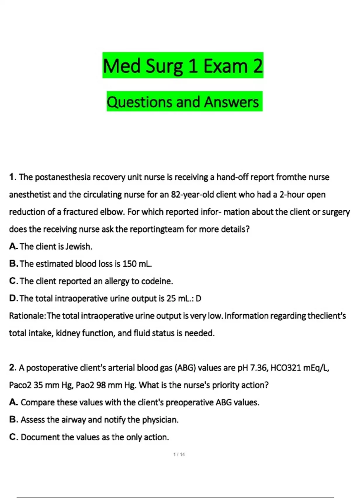 Med Surg 1 Exam 2 Questions and Answers Questions and Verified Answers ...
