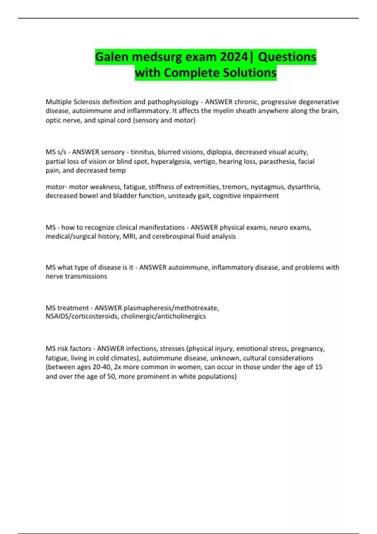 Galen medsurg exam 2024| Questions with Complete Solutions - Galen ...