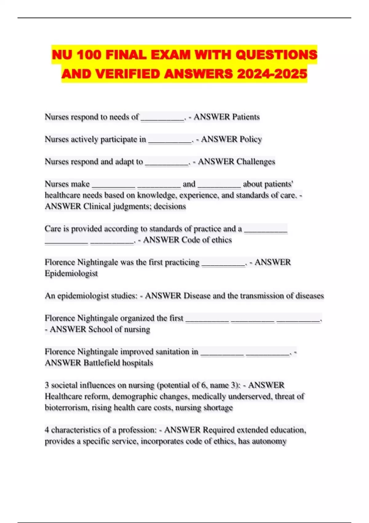 Nu 100 Final Exam With Questions And Verified Answers Nu 100 Stuvia Us