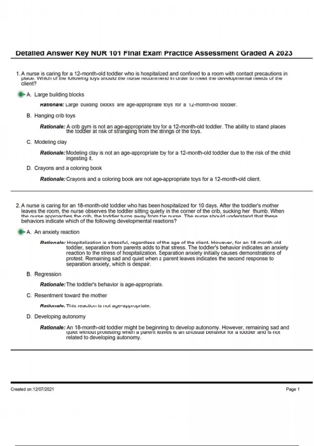 ATI Detailed Answer Key NUR 101 Final Exam Practice Assessment Graded A ...