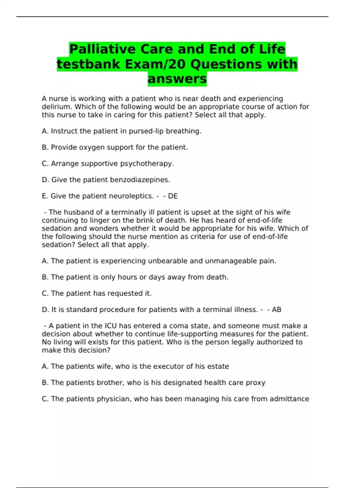 Palliative Care and End of Life testbank Exam/20 Questions with answers ...