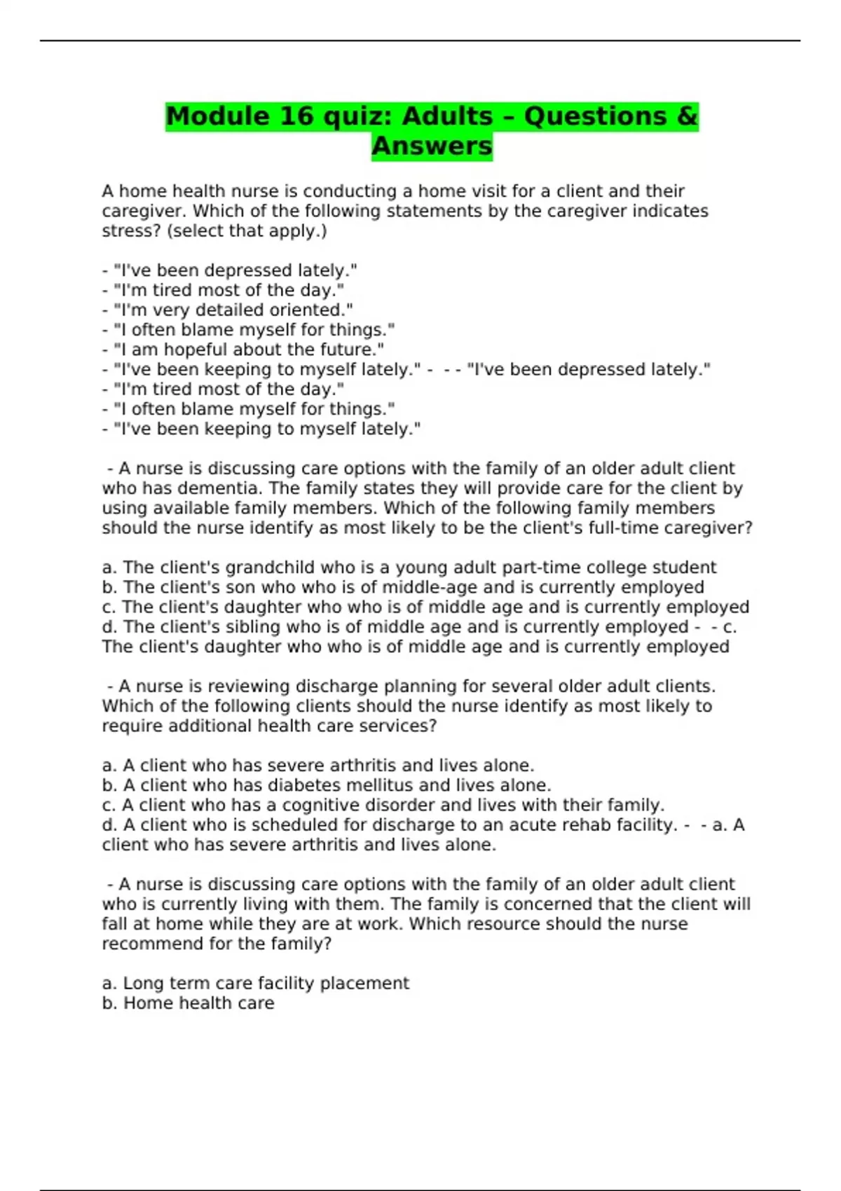 Module 16 quiz: Adults – Questions & Answers - Module 16 - Stuvia US
