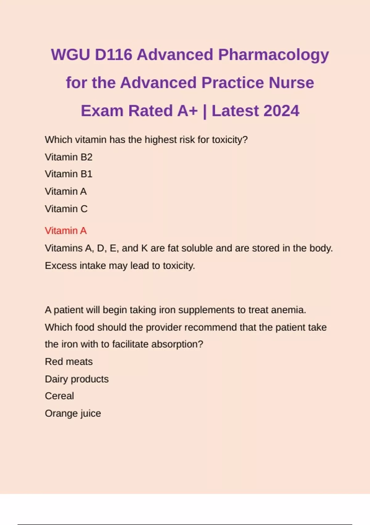 WGU D116 Advanced Pharmacology for the Advanced Practice Nurse Exam ...