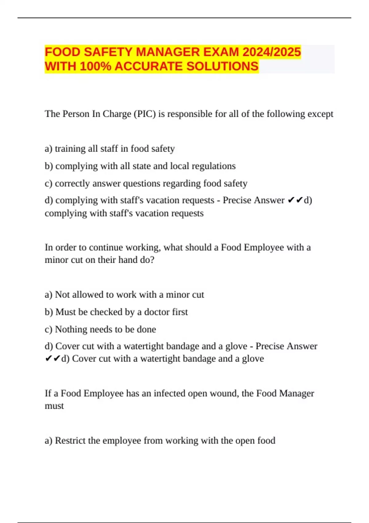 FOOD SAFETY MANAGER EXAM 2024/2025 WITH 100% ACCURATE SOLUTIONS - FOOD ...