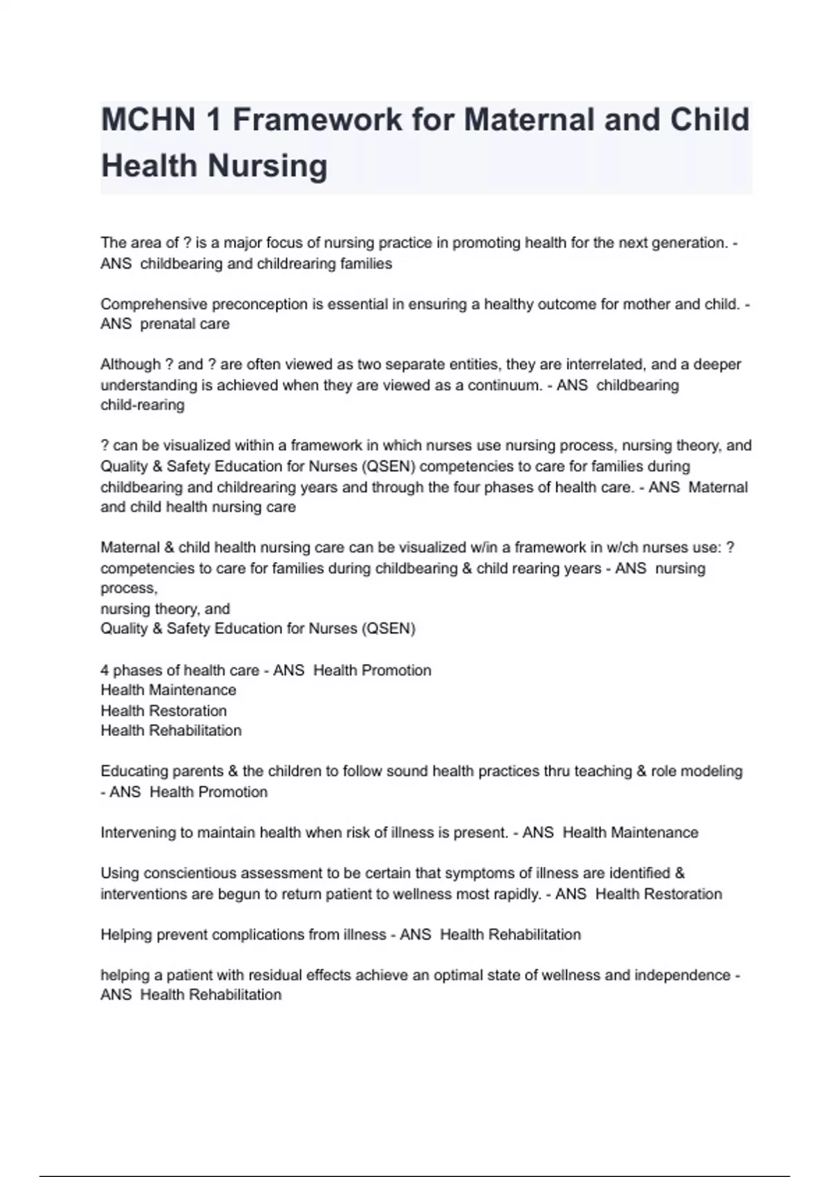 MCHN 1 Framework for Maternal and Child Health Nursing Exam 2024/2025 ...