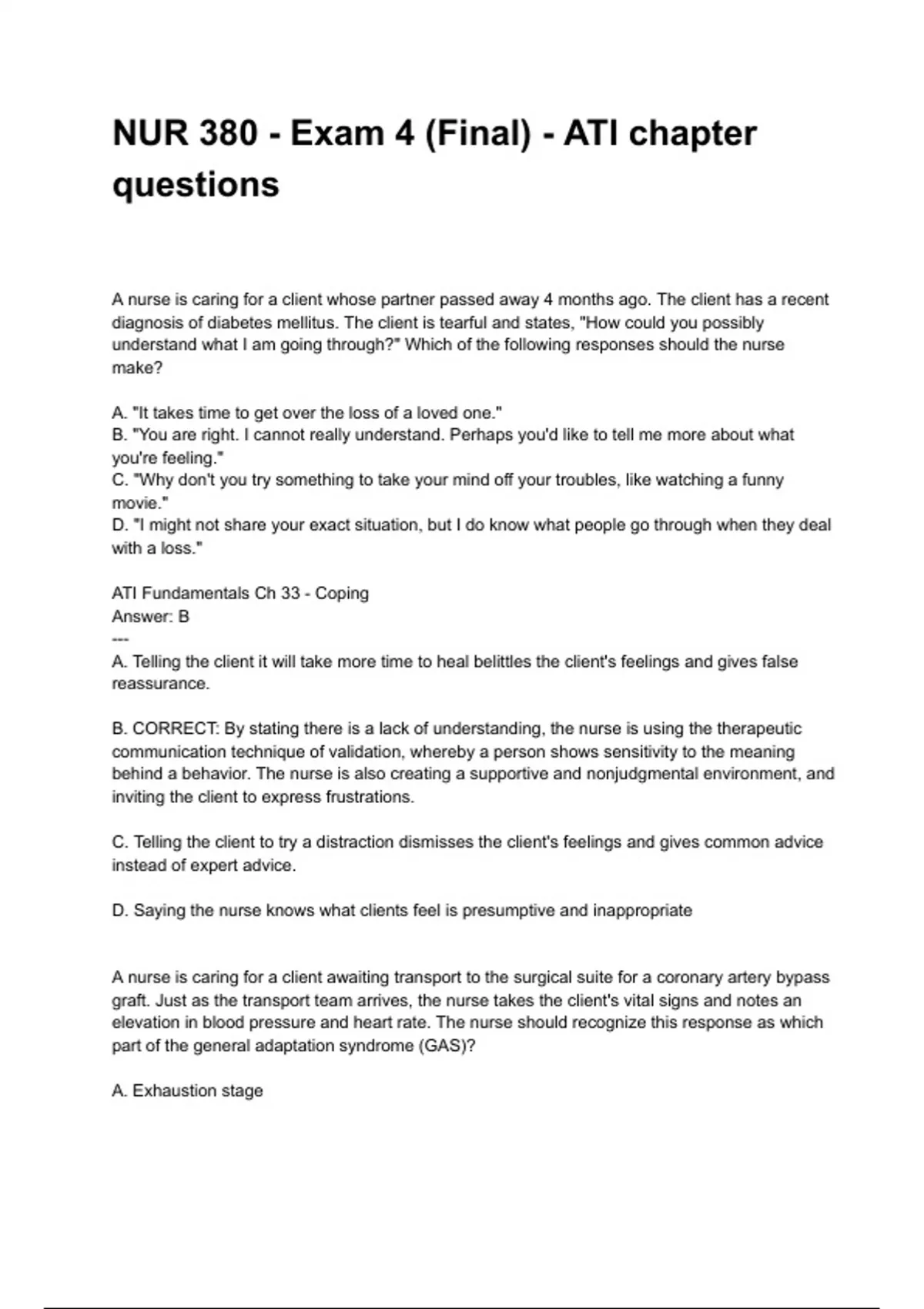 NUR 380 - Exam 4 (Final) - ATI chapter questions and answers graded A+ ...