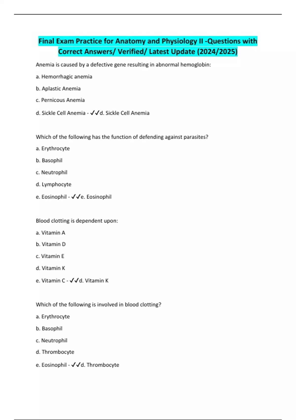 Final Exam Practice for Anatomy and Physiology II -Questions with ...