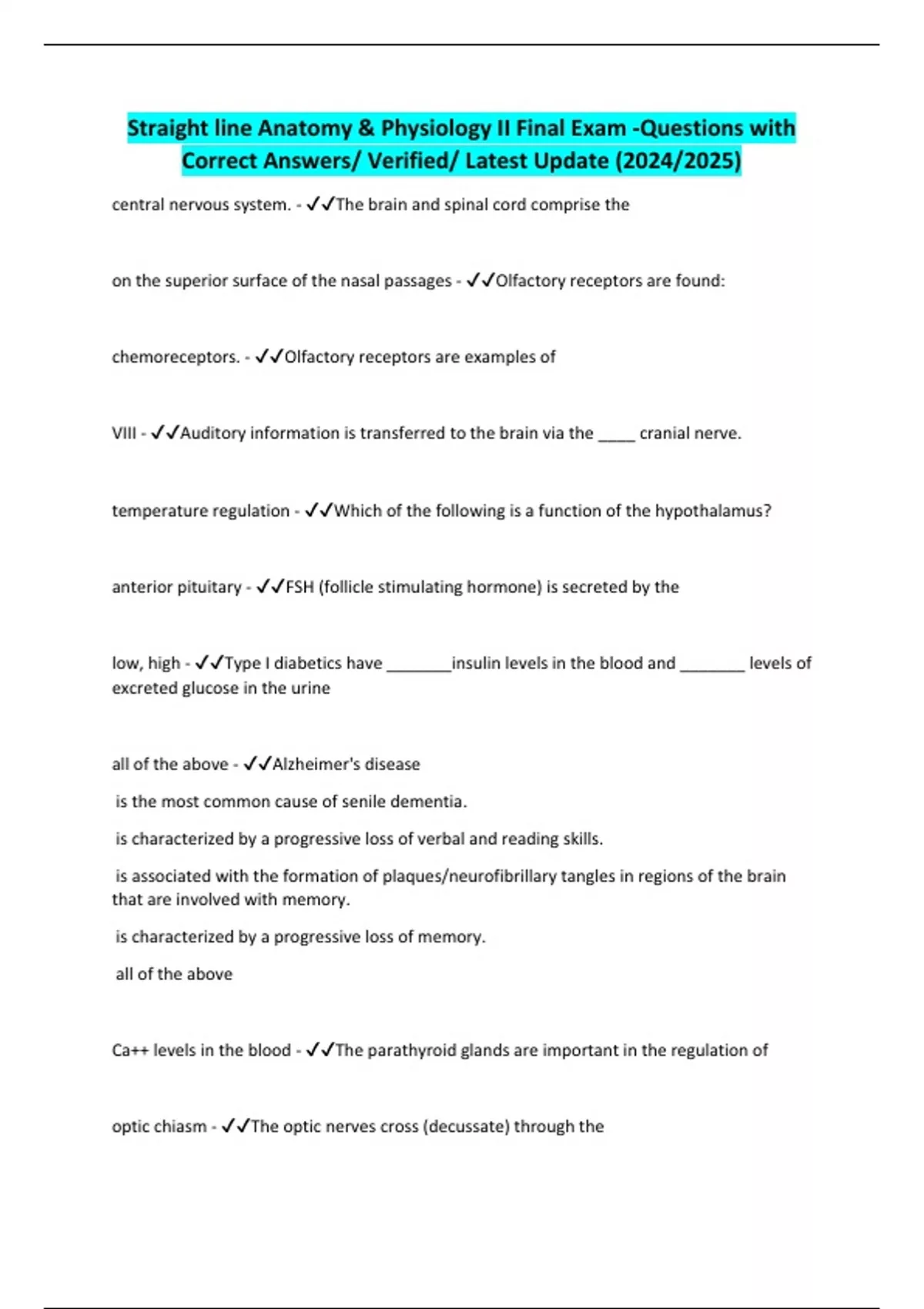 Straight line Anatomy & Physiology II Final Exam -Questions with ...