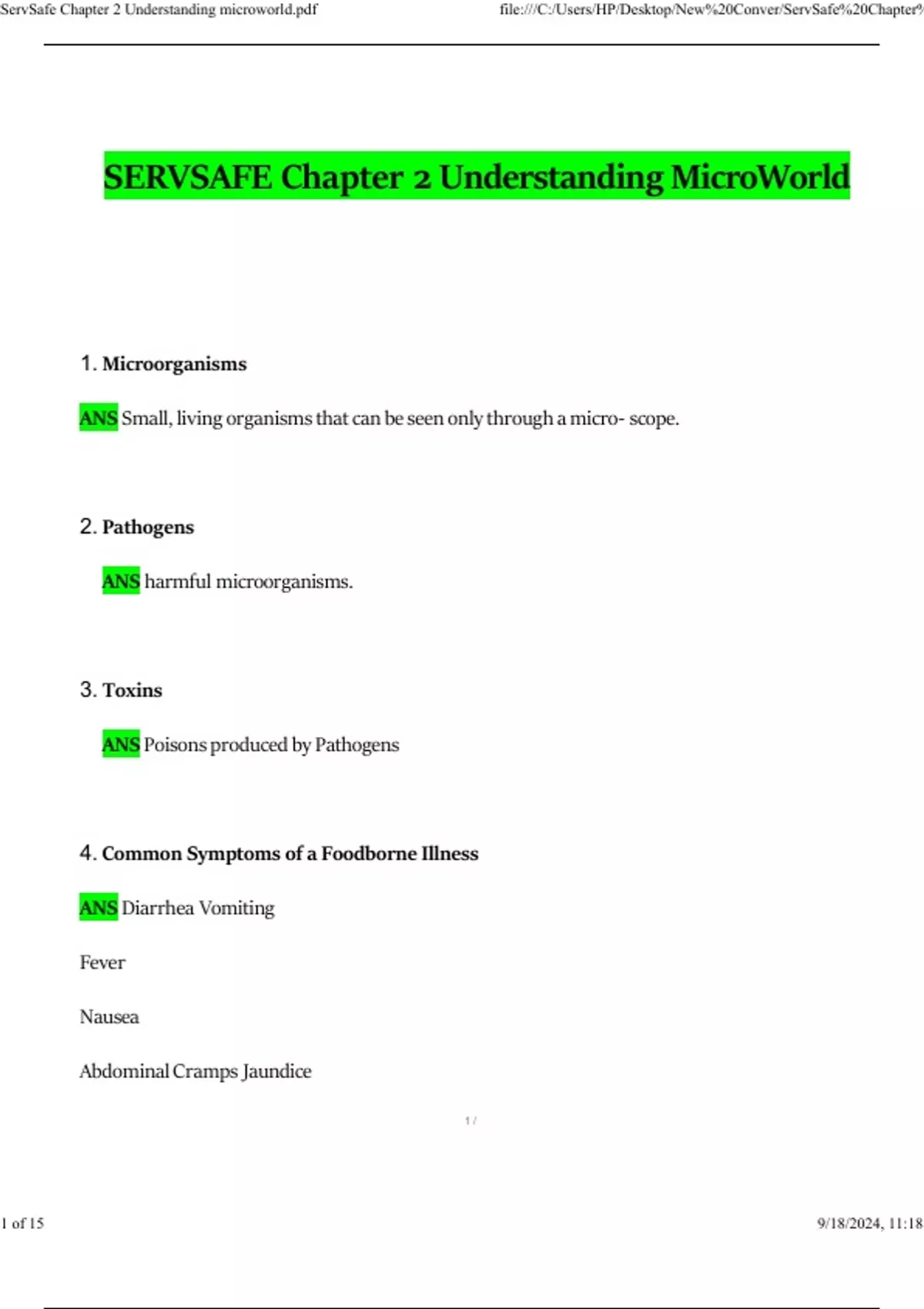 ServSafe Chapter 2 Understanding microworld Questions and Answers ...