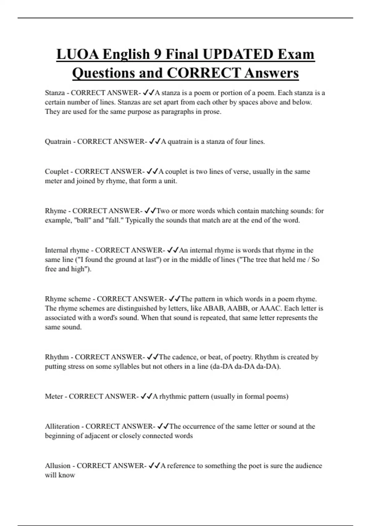 LUOA English 9 Final UPDATED Exam Questions and CORRECT Answers - LUOA ...
