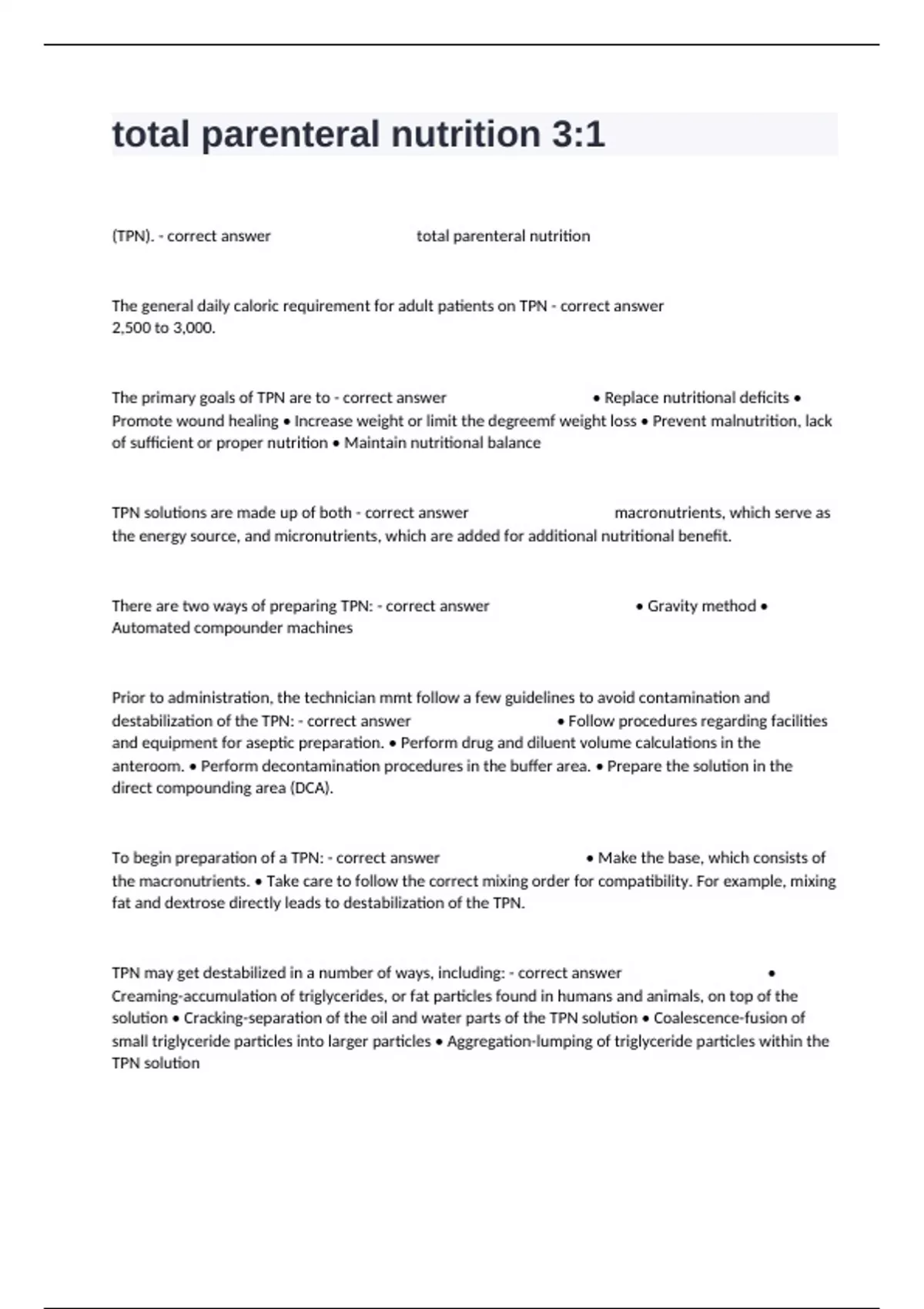 total parenteral nutrition 3:1 Actual Questions With Correct Verified ...