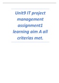 Stuvia Unit9 IT project management assignment1 learning aim A all criterias met.