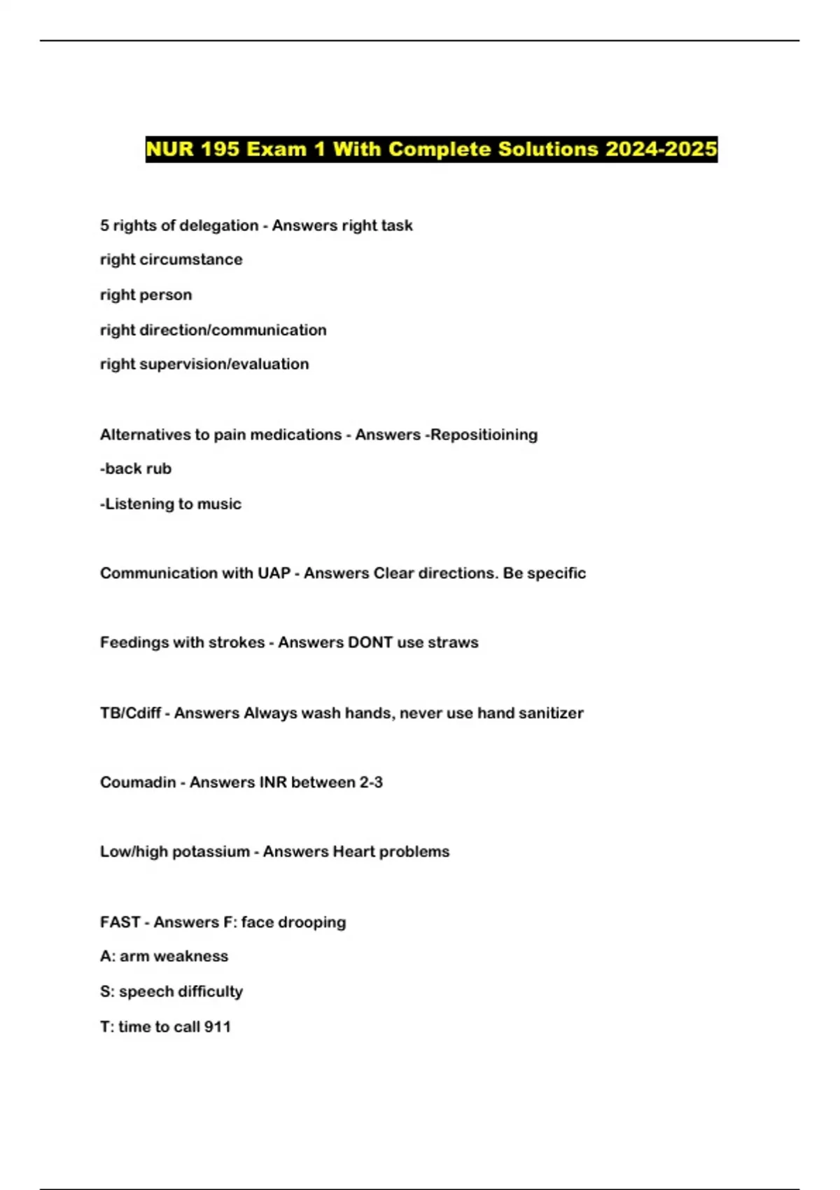 NUR 195 Exam 1 With Complete Solutions - NUR 195 - Stuvia US