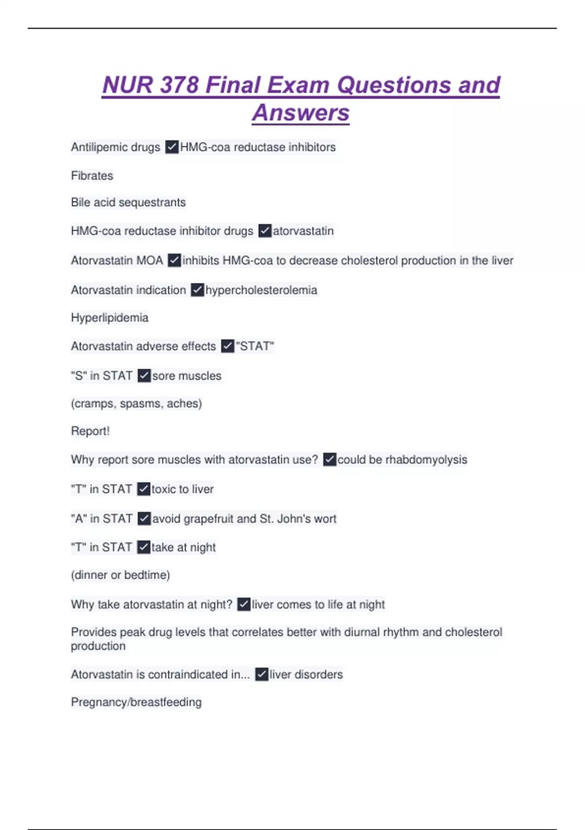 NUR 378 Final Exam Questions and Answers - NUR 378 - Stuvia US