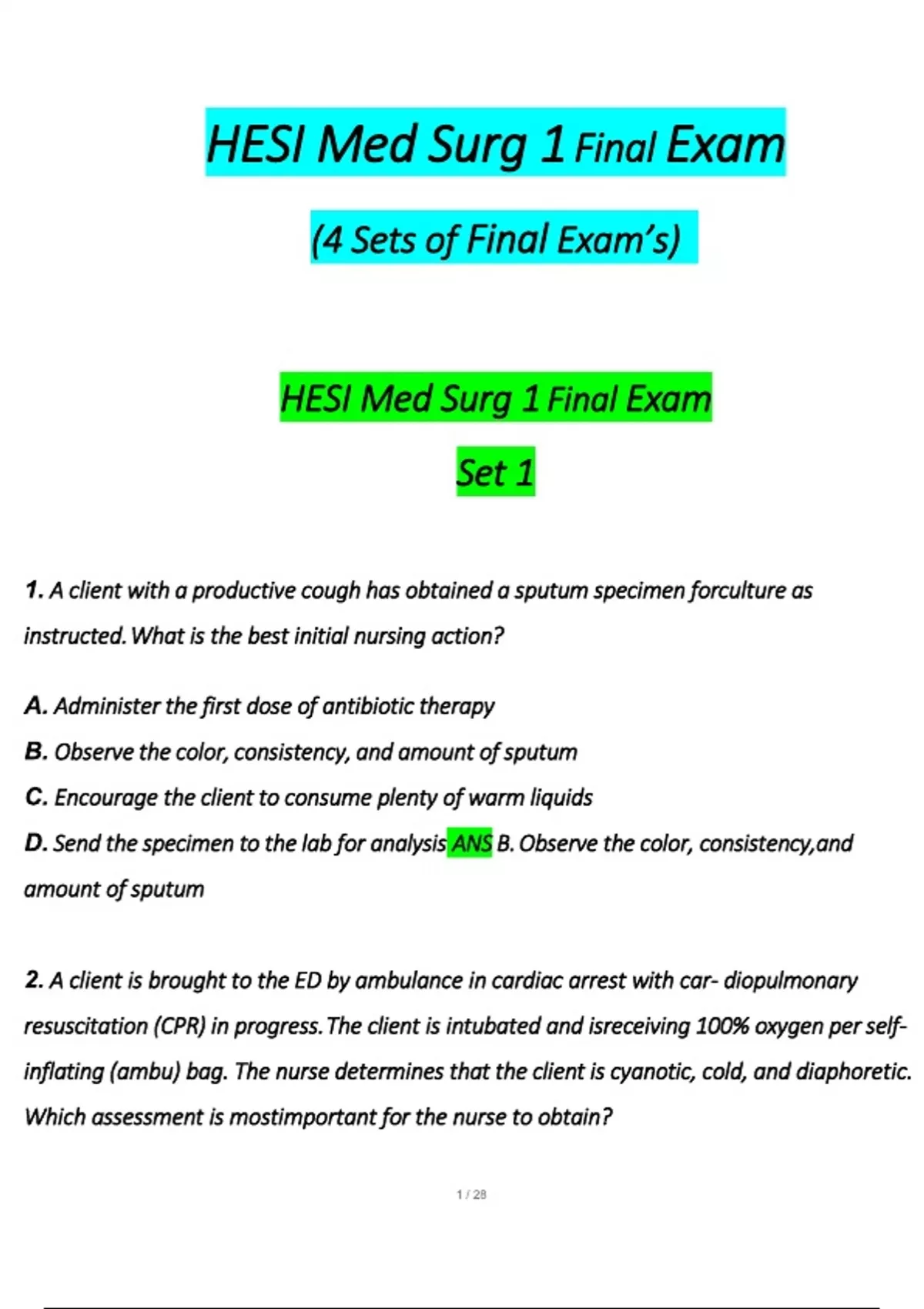HESI Med Surg 1 Final Exam (4 Sets of Final Exam’s) Exam (2024 / 2025 ...