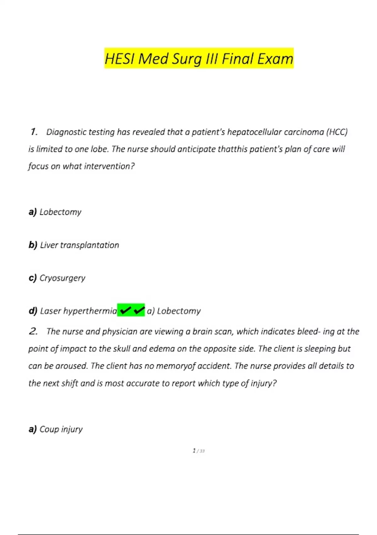 HESI Med Surg III Final Exam Exam (2024 / 2025) Questions and Verified ...