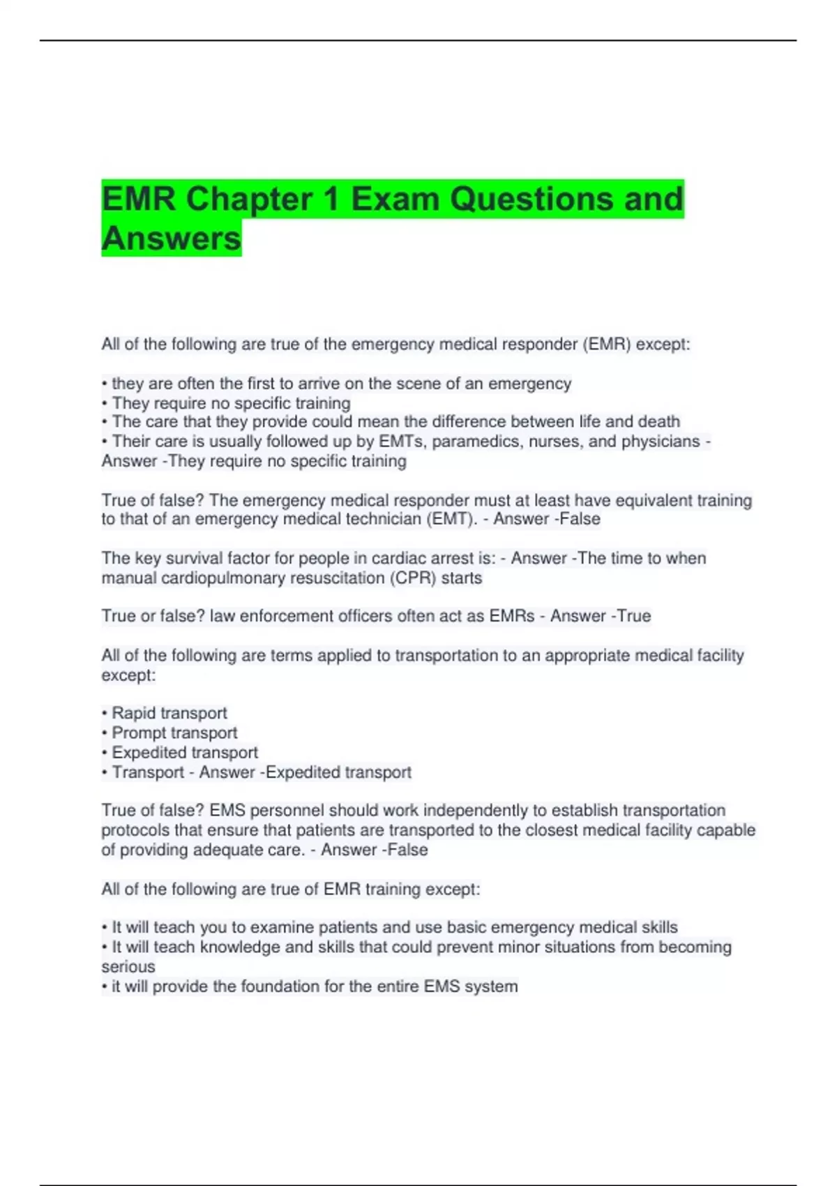 EMR Chapter 1 Exam Questions and Answers - Emergency Medical Responder ...