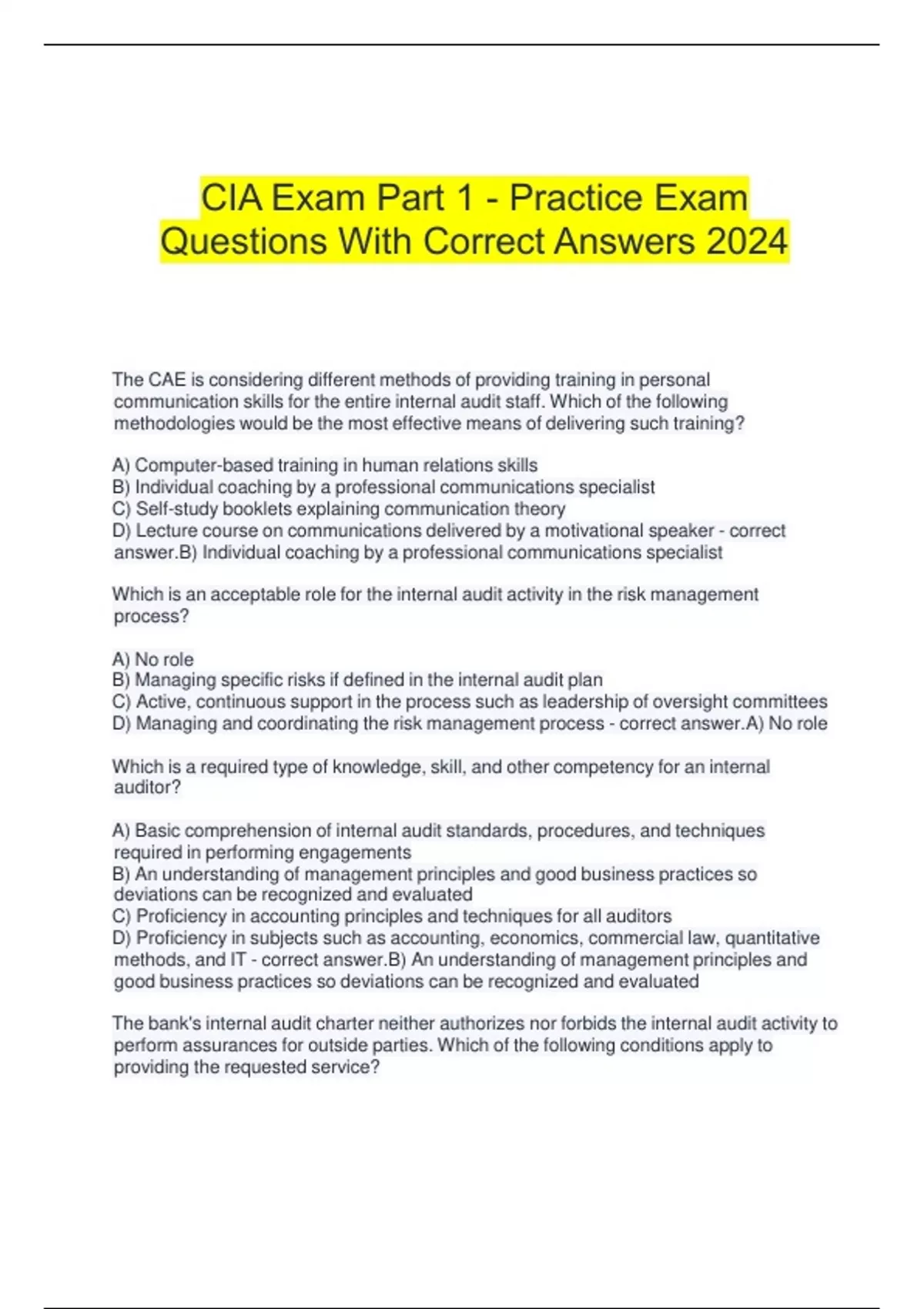 CIA Exam Part 1 - Practice Exam Questions With Correct Answers 2024 ...