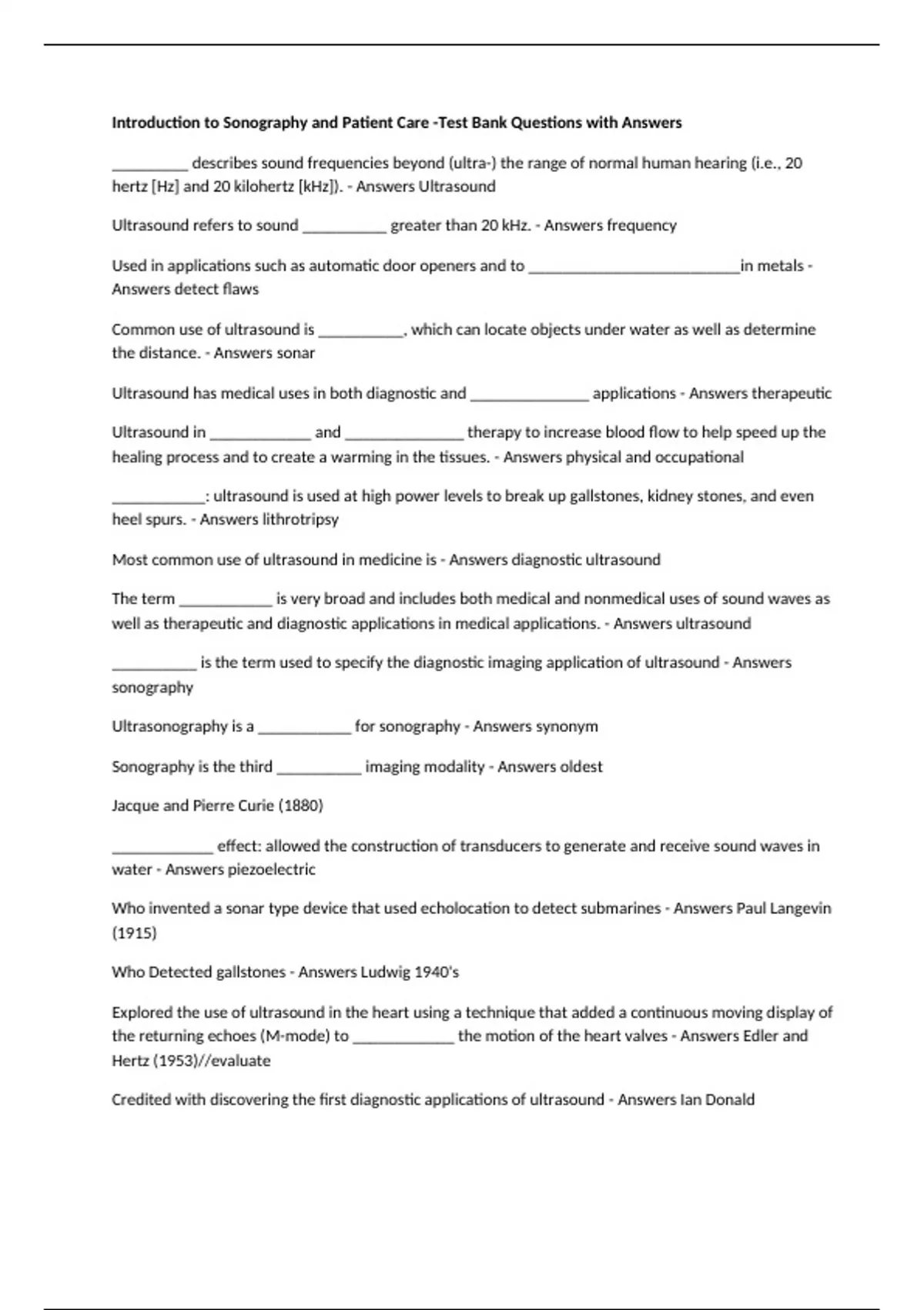 Introduction to Sonography and Patient Care -Test Bank Questions with ...