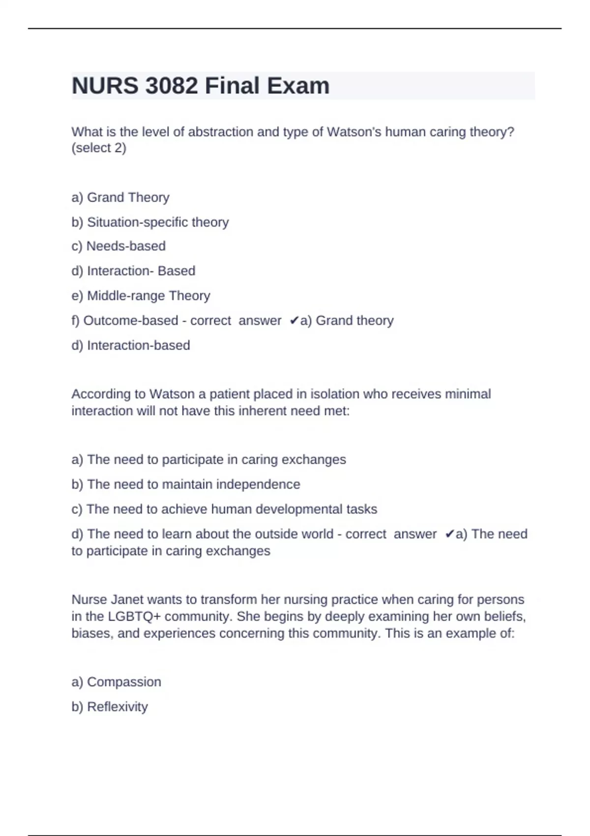 NURS 3082 Final Exam Question and answers already passed 2024/2025 ...