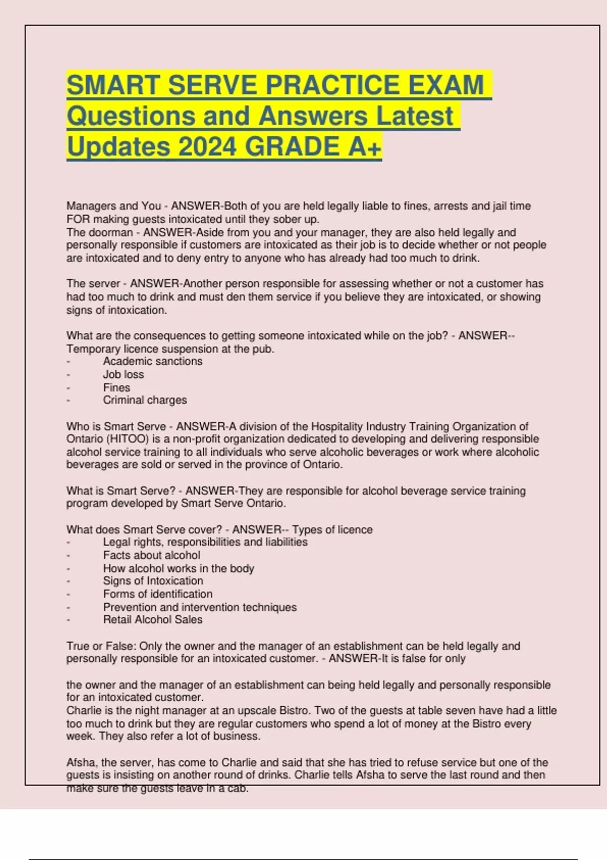 SMART SERVE PRACTICE EXAM Questions and Answers Latest Updates 2024