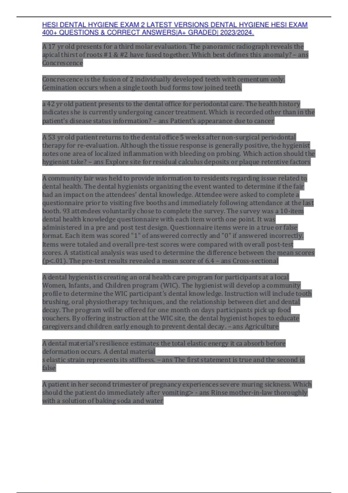 HESI DENTAL HYGIENE EXAM 2 LATEST VERSIONS DENTAL HYGIENE HESI EXAM 400