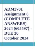 ADM3701 Assignment 6 &lpar;COMPLETE ANSWERS&rpar; 2024 &lpar;605597&rpar; - DUE 30 October 2024 &semi; 100&percnt; TRUSTED Complete&comma; trusted solutions and explanations Ensure your success with us&period;&period; 