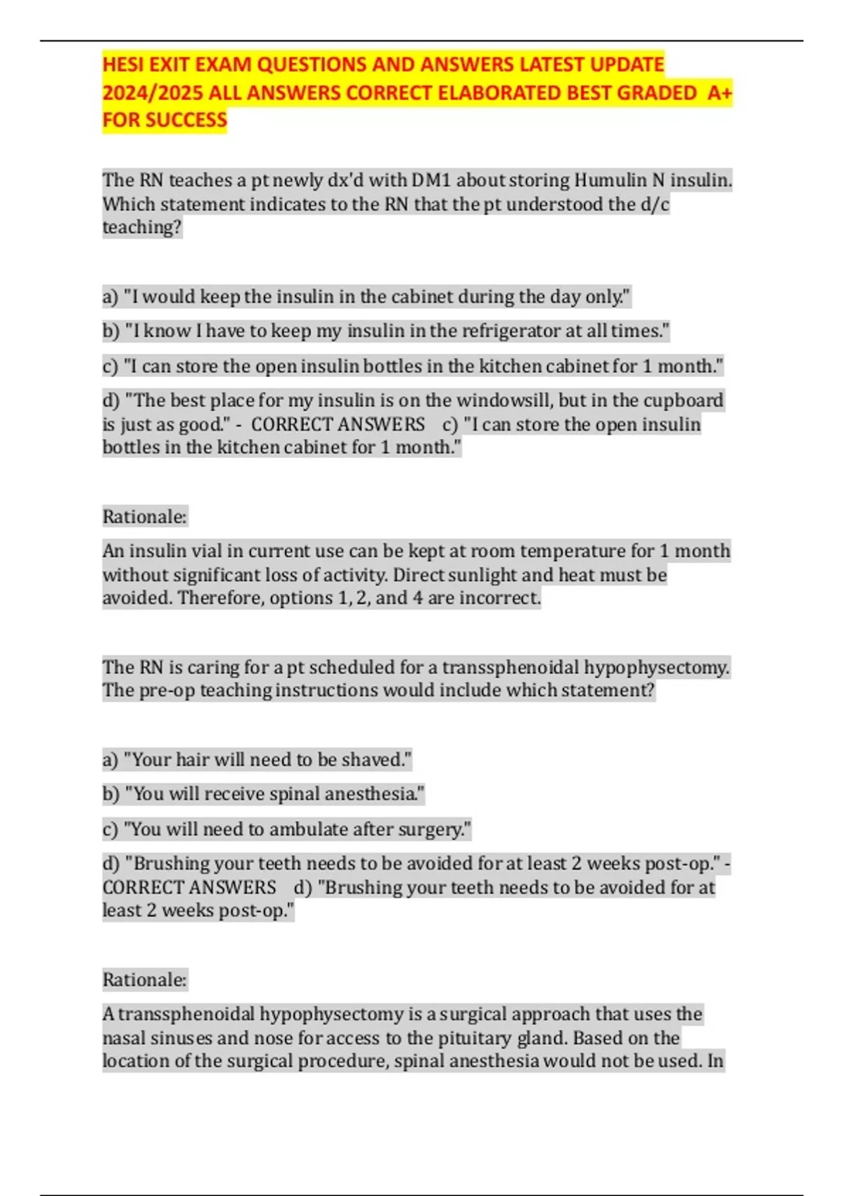 Hesi Exit Exam Questions And Answers Latest Update 2024 2025 All