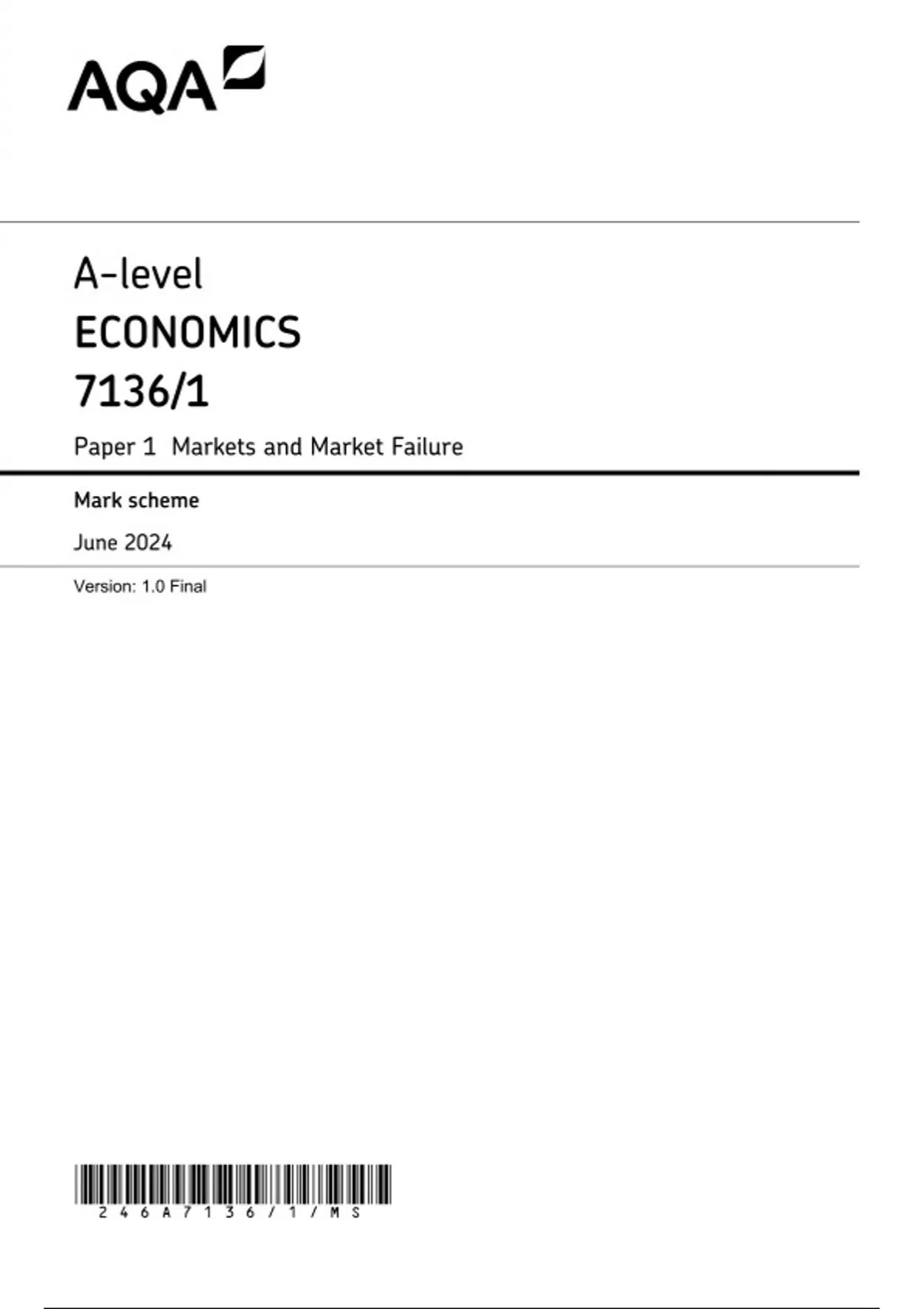 AQA A-level ECONOMICS Paper 1 JUNE 2024 QUESTION PAPER AND MARK SCHEME ...