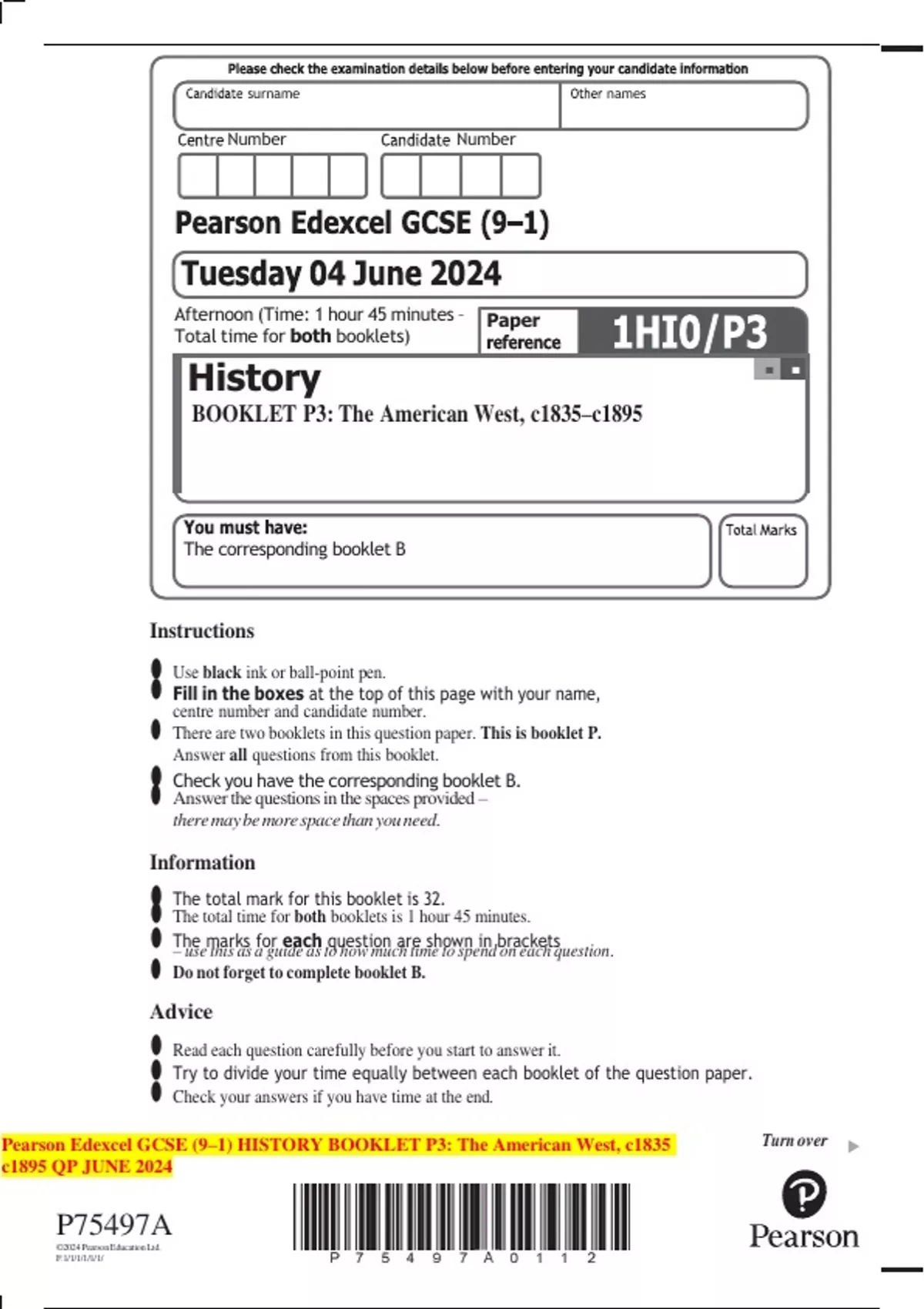 Pearson Edexcel GCSE 9 1 HISTORY BOOKLET P3 The American West C1835 