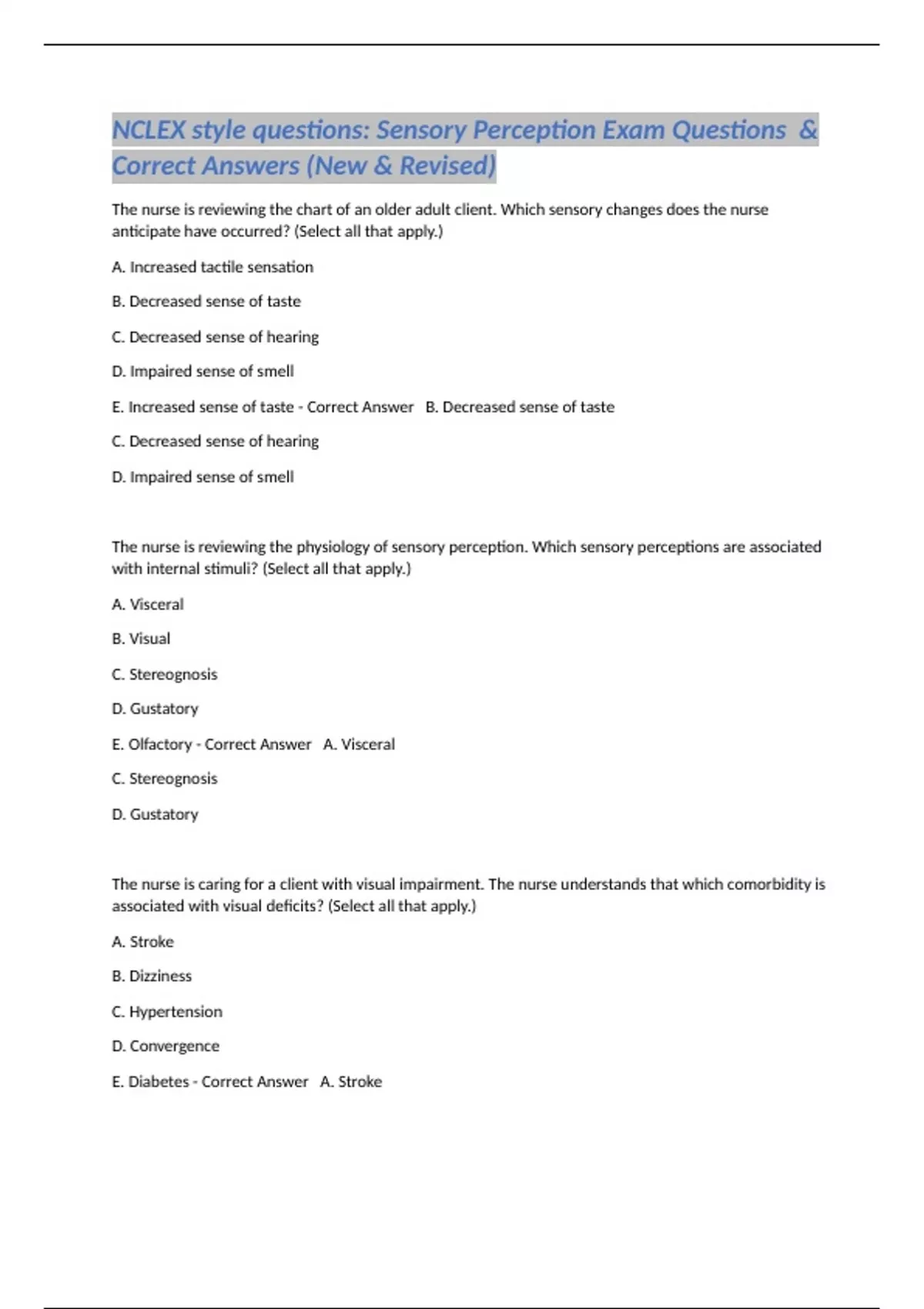 NCLEX style questions: Sensory Perception Exam Questions &amp; Correct Answers (New &amp; Revised ...