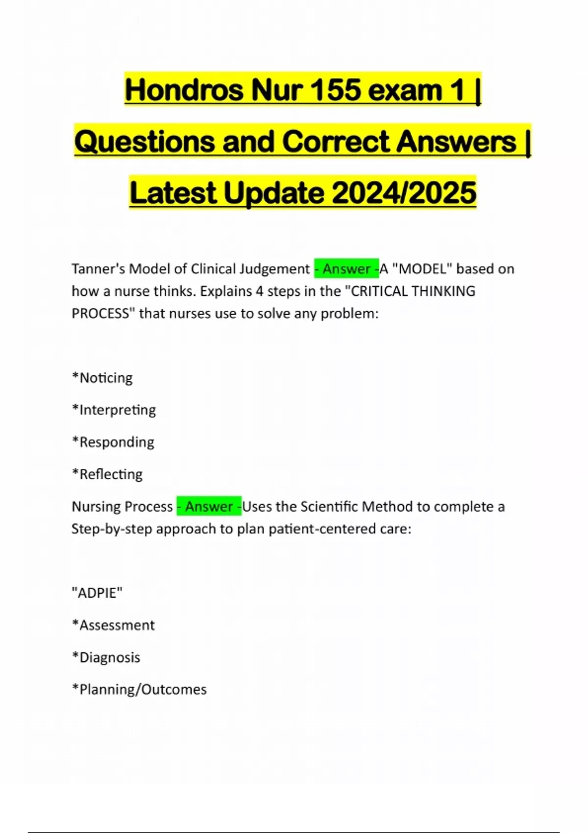 Hondros Nur 155 exam 1 | Questions and Correct Answers | Latest Update ...
