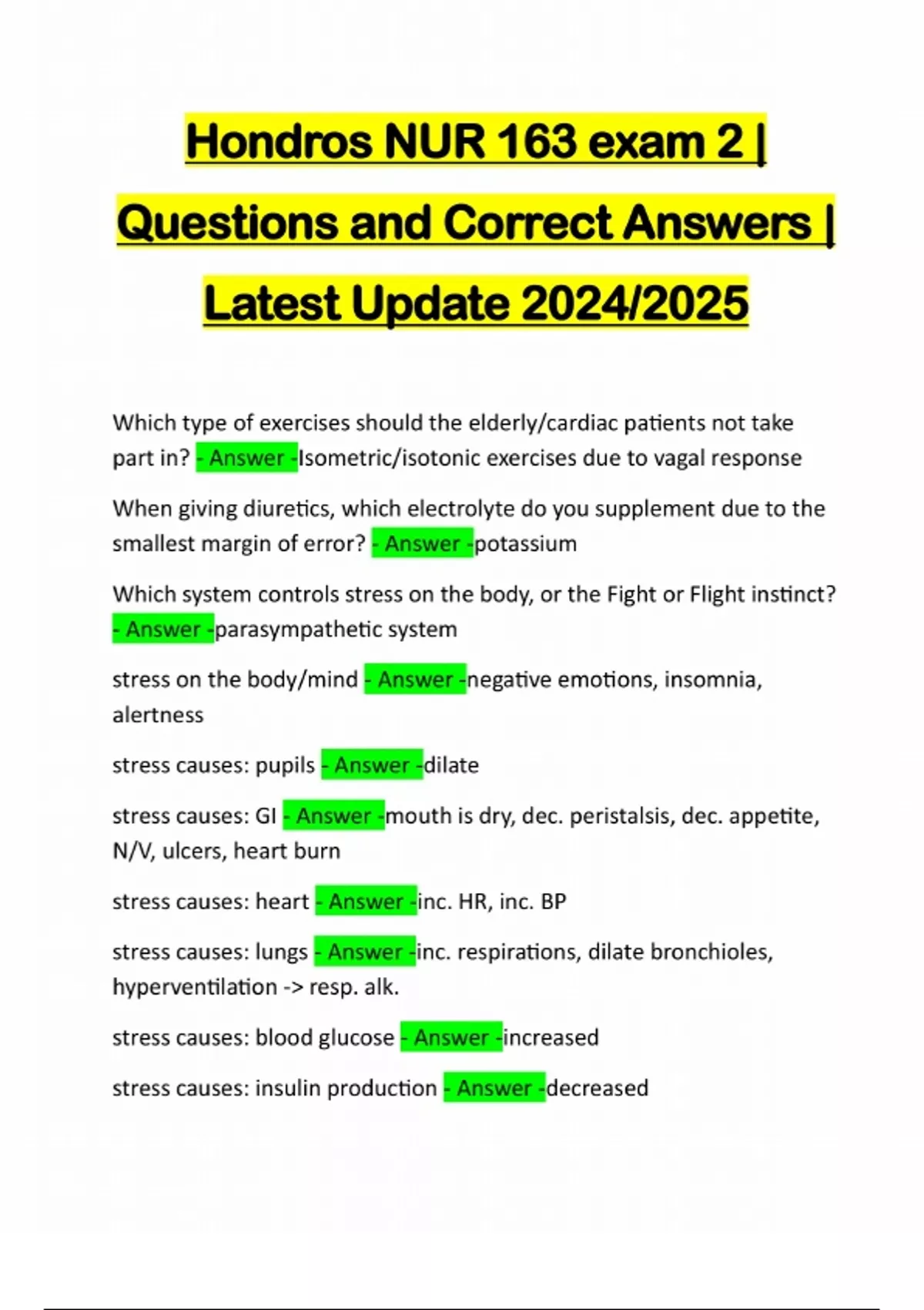Hondros NUR 163 exam 2 | Questions and Correct Answers | Latest Update ...