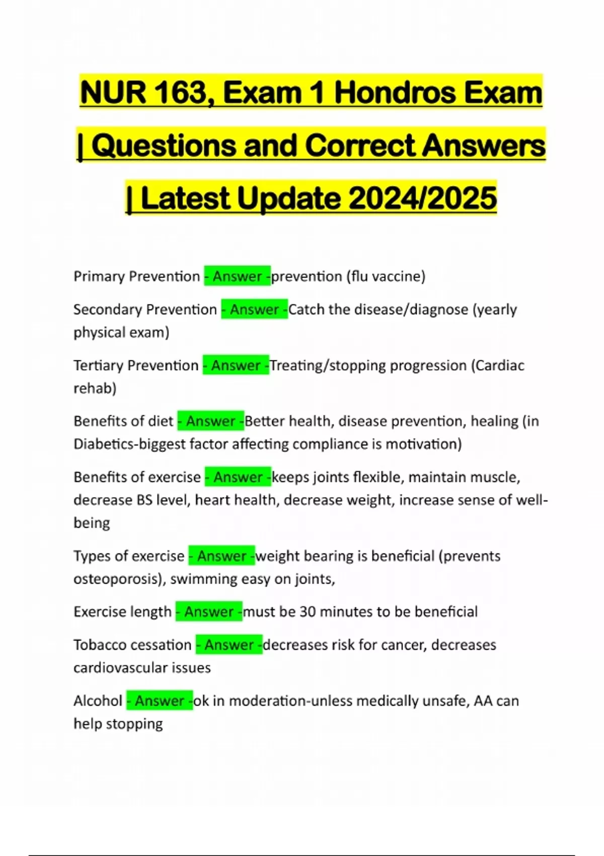 NUR 163, Exam 1 Hondros Exam | Questions and Correct Answers | Latest ...