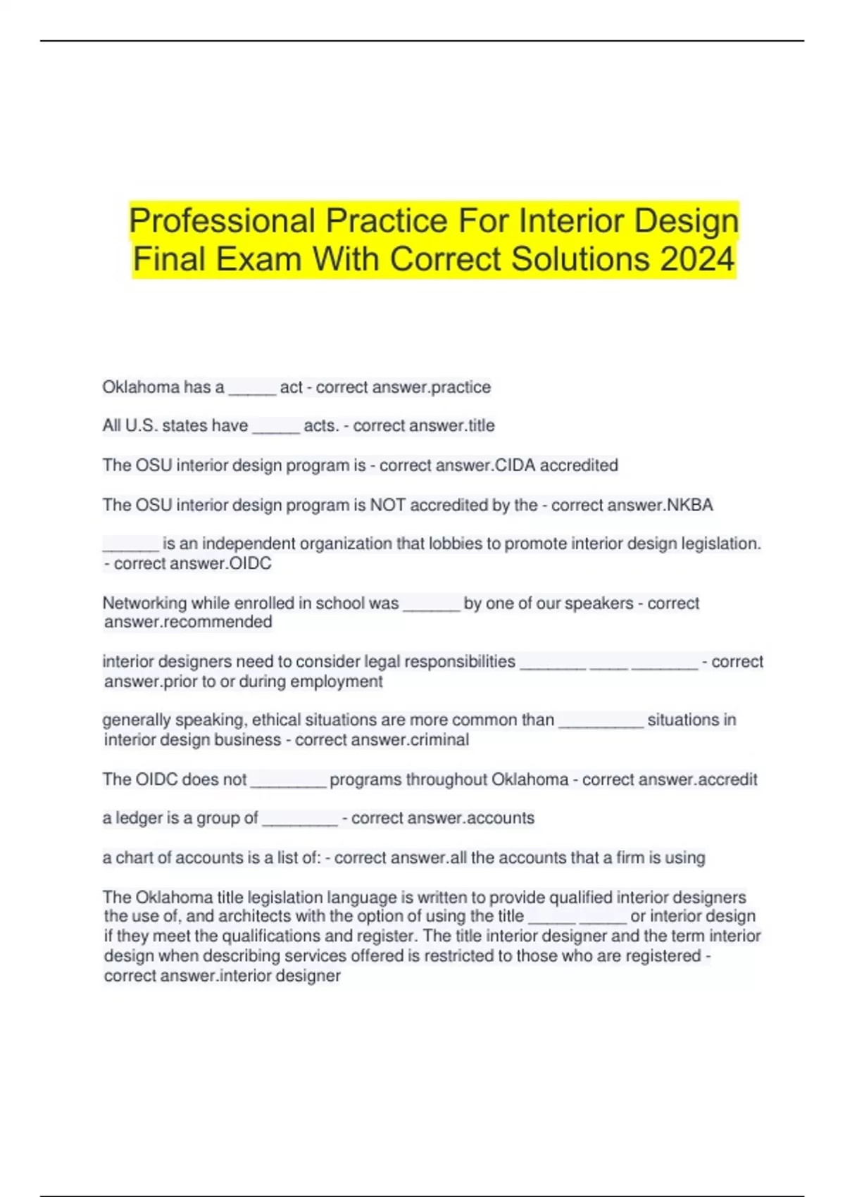 Professional Practice For Interior Design Final Exam With Correct ...