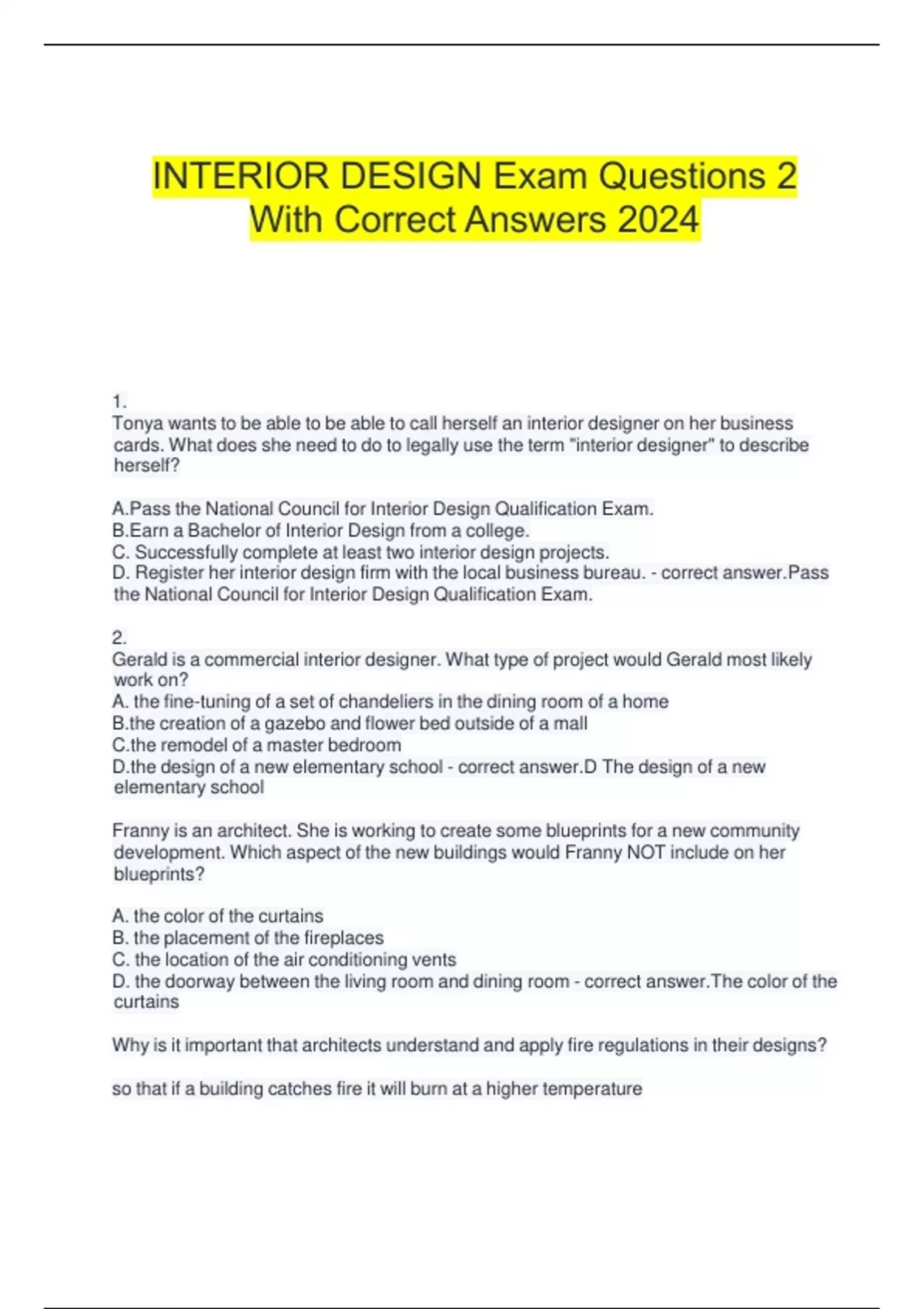 INTERIOR DESIGN Exam Questions 2 With Correct Answers 2024 - INTERIOR ...